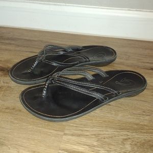 Olukai U'I Leather Thong Flip Flop Sandals  Black Durable Beach Womens Size-9